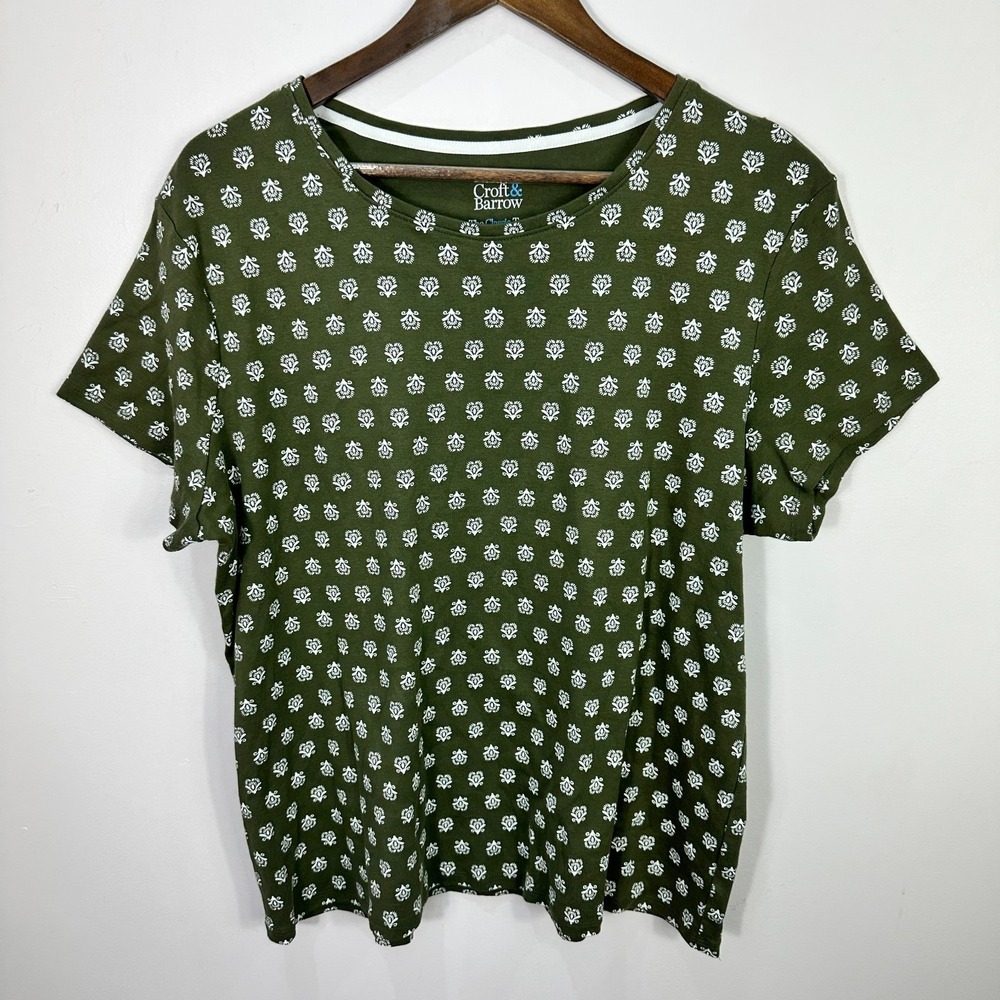 Croft & Barrow XL Green Floral Print Cotton Tee Cottagecore Preppy Boho Soft